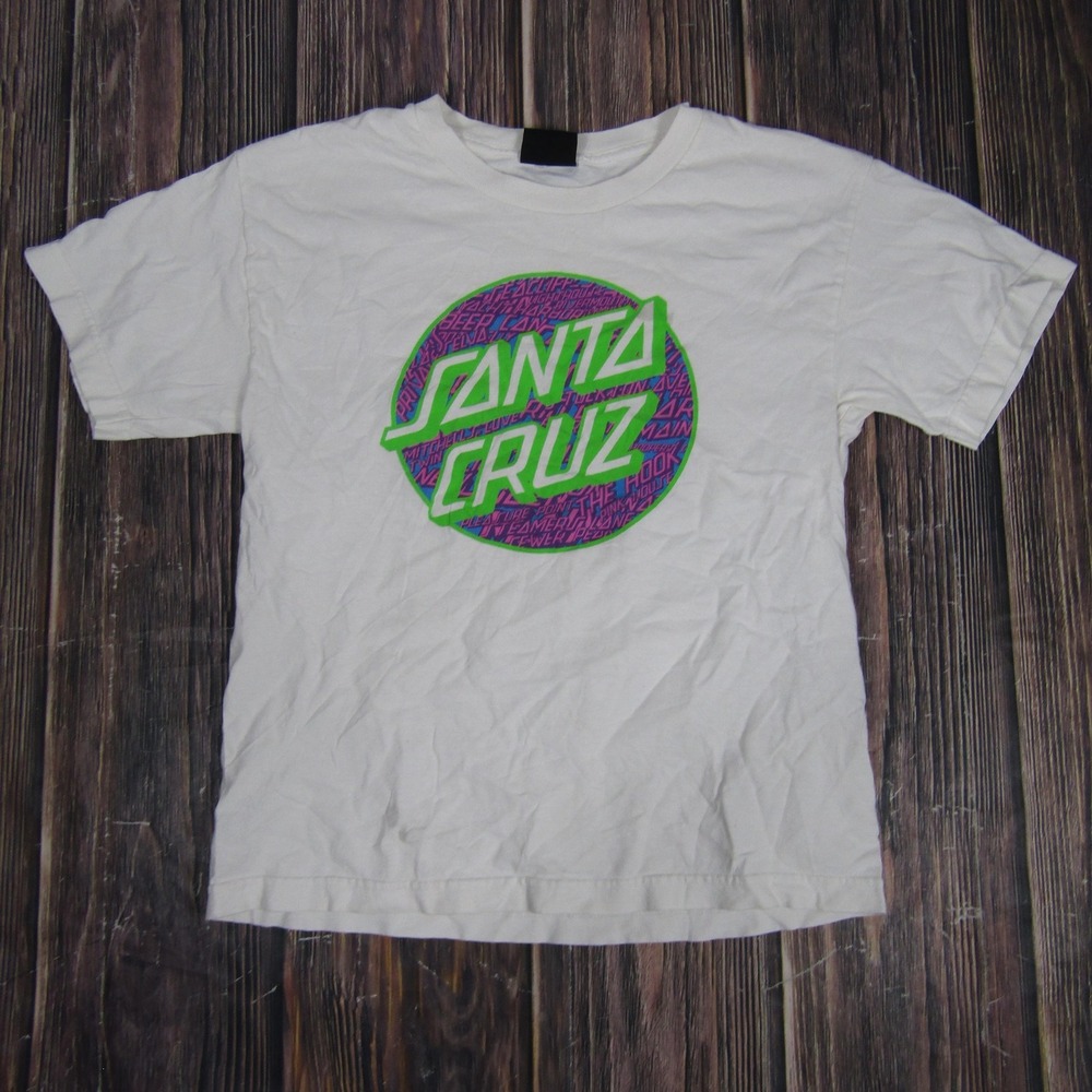 Santa Cruz Shirt Mens Medium White Neon Green Purple Graphic Skate Tee NHS